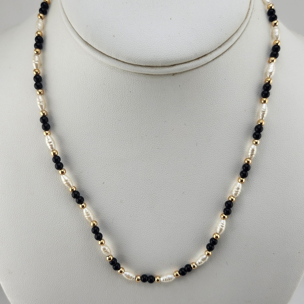 Natural Baroque Pearl Black Onyx Gold Tone Beaded Necklace